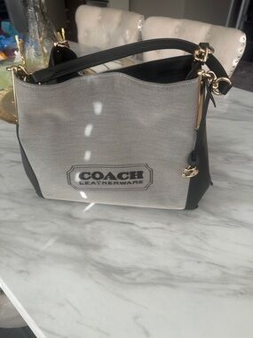 Coach Two-Tone Canvas & Leather Shoulder Bag in Ivory and Black